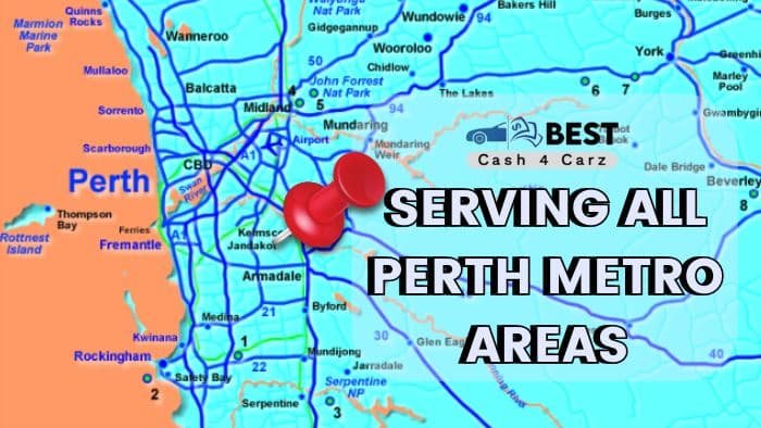 Map of Perth with Location Pin - Best Cash 4 Carz - 6 Lower Park Rd Maddington WA 6109